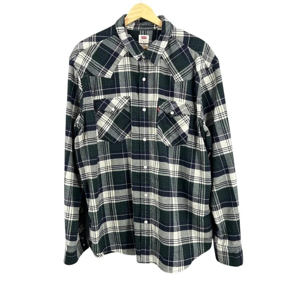 Levi's Plaid Flannel Snap Shirt Blue Green White Men's XL Long‎ Sleeve Western